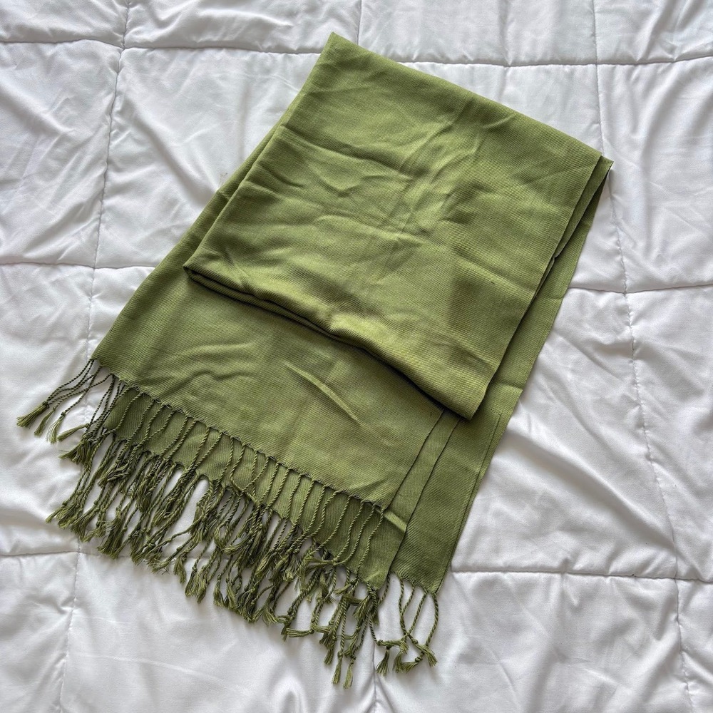 Pashmina Olive Green Scarf Shawl Wrap Tassel Fringe Twill Weave 100% Pashmina